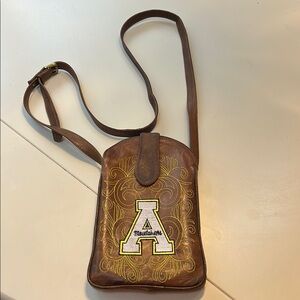 App State Brown Leather Crossbody Bag with Embroidered Design